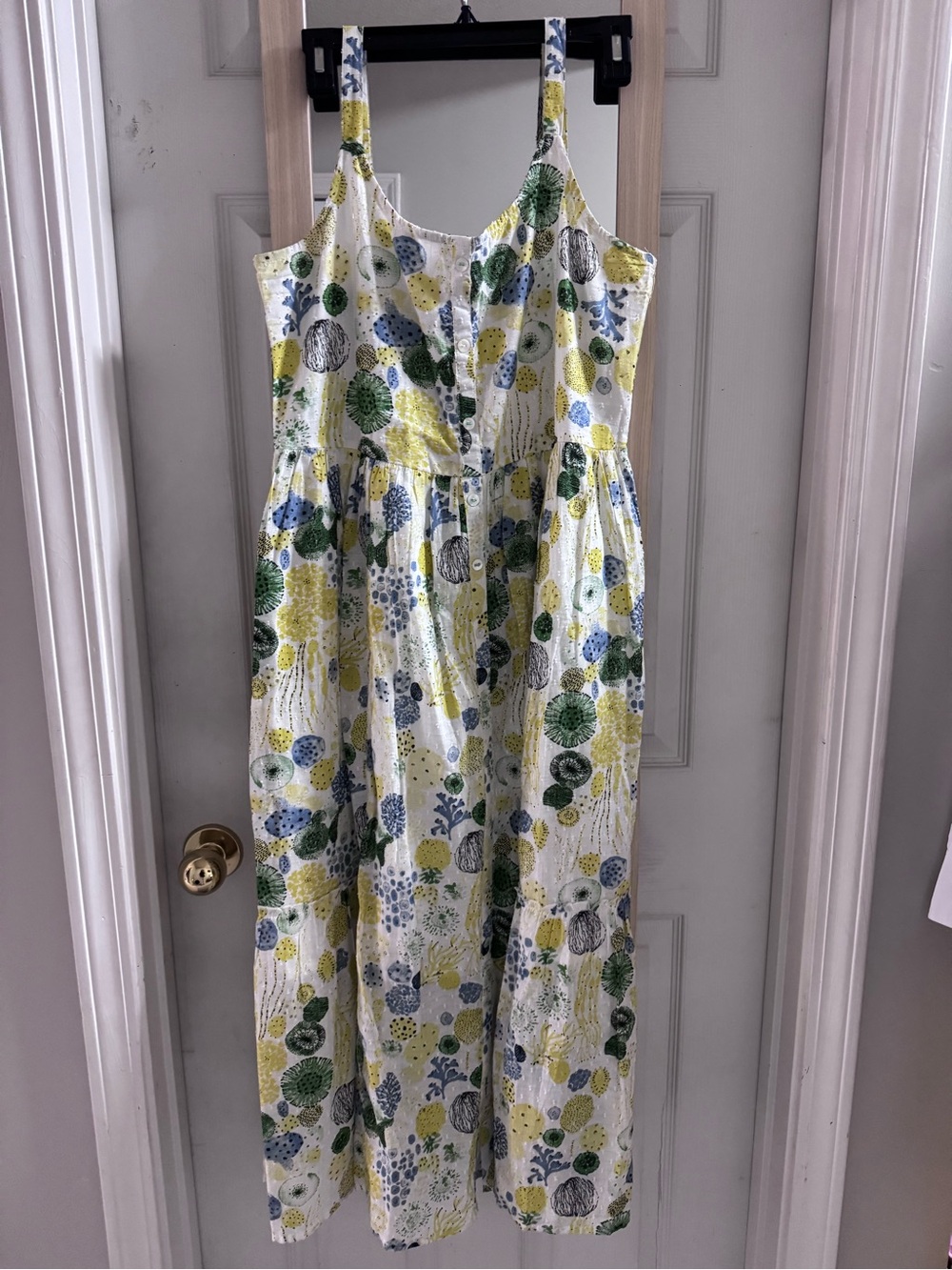 Sleeveless White Floral Print Sundress in Yellow, Green & Blue